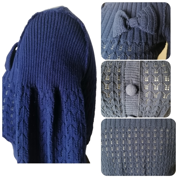 💧 vintage navy blue hollow long-sleeved cardigan - Picture 3 of 7